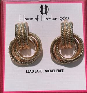New House of Harlow 1960 Gold Tone Door Knocker Earrings, Gold Tone Rope